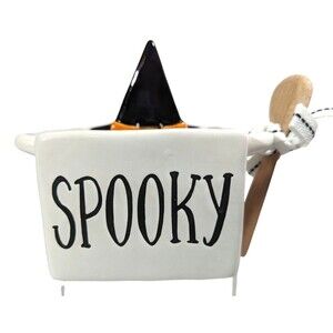 Mudd Pie Spooky Ceramic Bowl Wood Spoon Witch Hat White Black Halloween Gift NEW